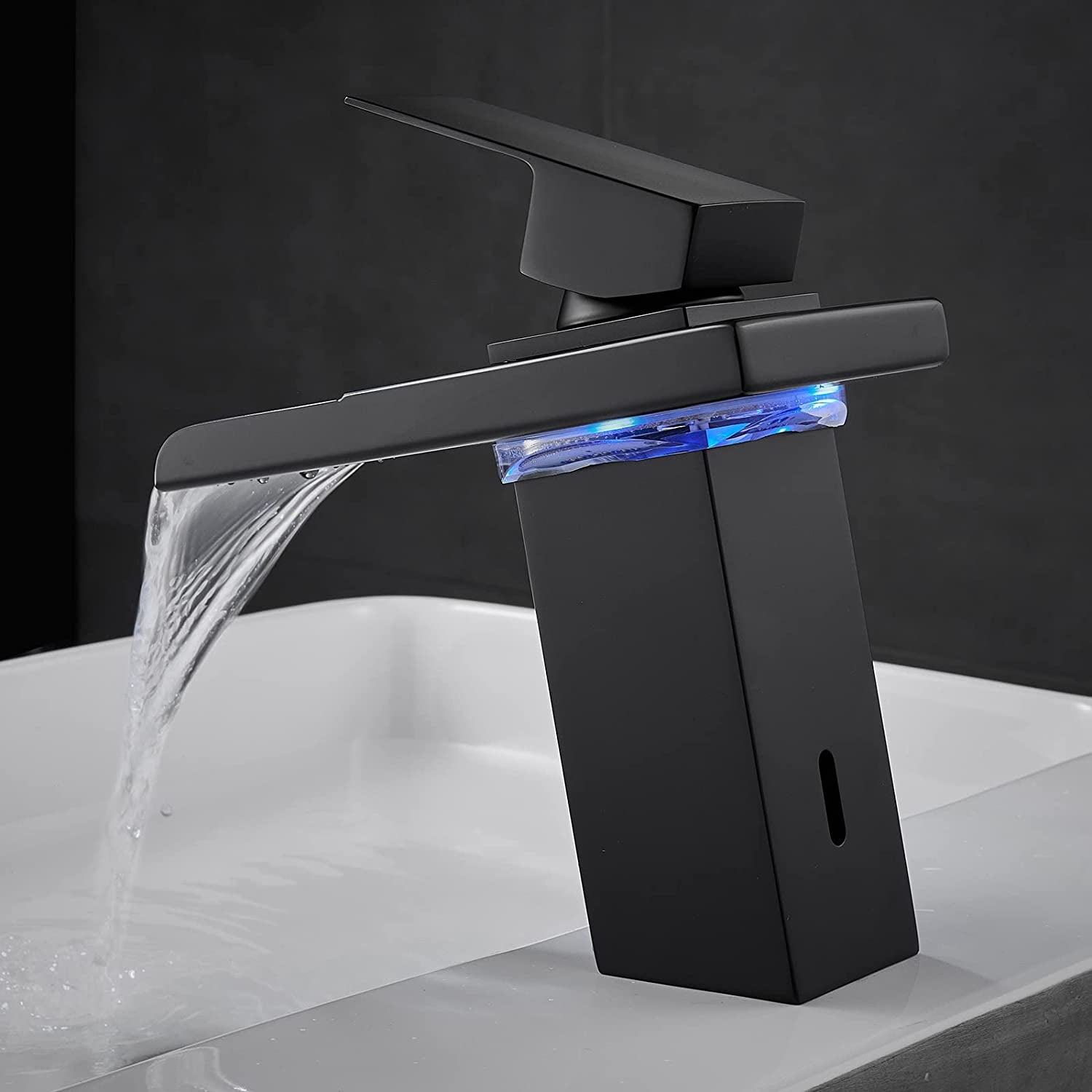 Stylish LED Color-Changing Waterfall Faucet for Modern House - Hot & Cold Mixer Tap in Sleek Black