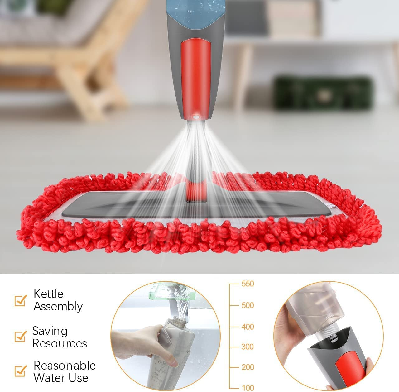 Revolutionary Spray Mop with 550ml Refillable Bottle & 3 Reusable Microfiber Pads - Perfect for Hardwood, Wood & Laminate Floors (Red)