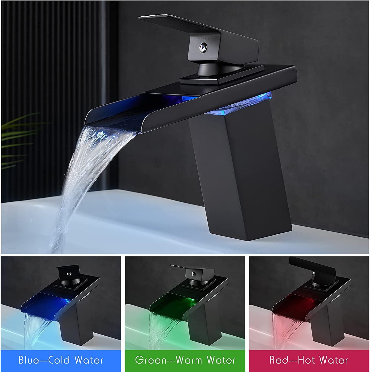 Stylish LED Color-Changing Waterfall Faucet for Modern House - Hot & Cold Mixer Tap in Sleek Black