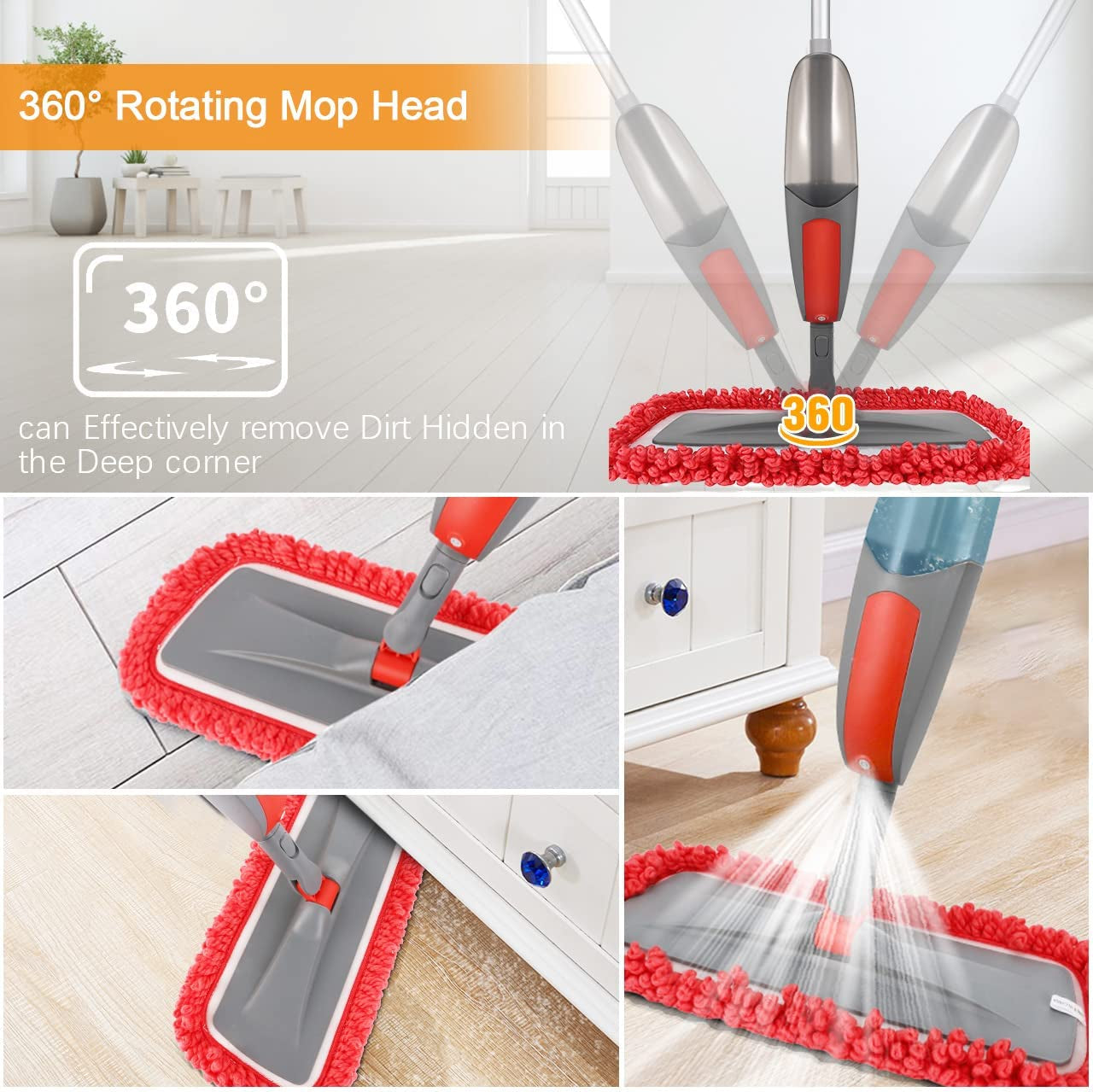 Revolutionary Spray Mop with 550ml Refillable Bottle & 3 Reusable Microfiber Pads - Perfect for Hardwood, Wood & Laminate Floors (Red)