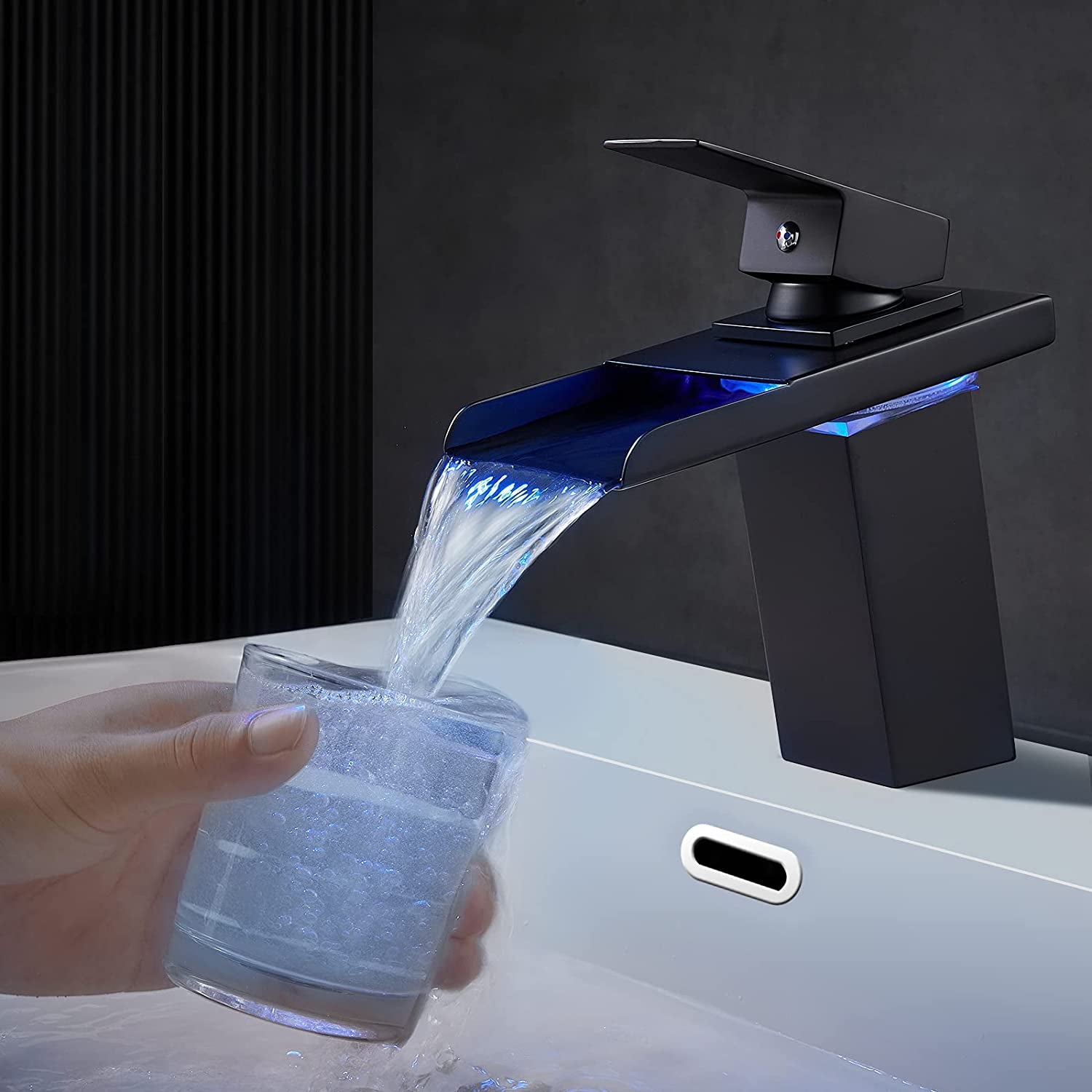 Stylish LED Color-Changing Waterfall Faucet for Modern House - Hot & Cold Mixer Tap in Sleek Black