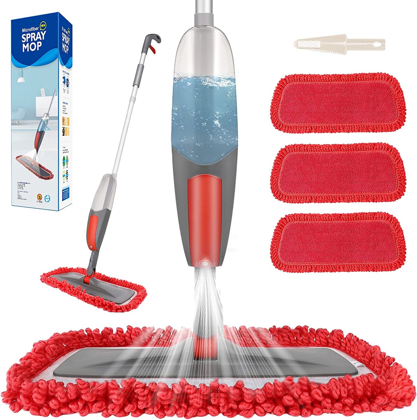 Revolutionary Spray Mop with 550ml Refillable Bottle & 3 Reusable Microfiber Pads - Perfect for Hardwood, Wood & Laminate Floors (Red)