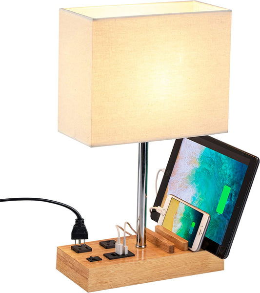 Modern Desk Lamp with 3 USB Ports, Dual AC Outlets, and Phone Stands - Stylish Nightstand Lamp with Wooden Base and Cream Shade